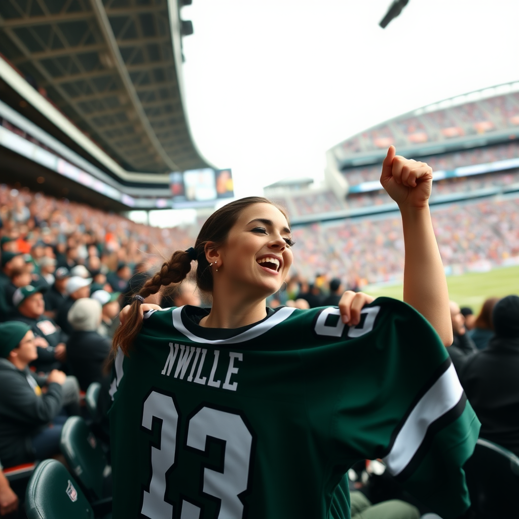 Attractive female NFL fan, pigtail hair, chanting, inside crowded bleacher, holding up spare jersey, NFL stadium