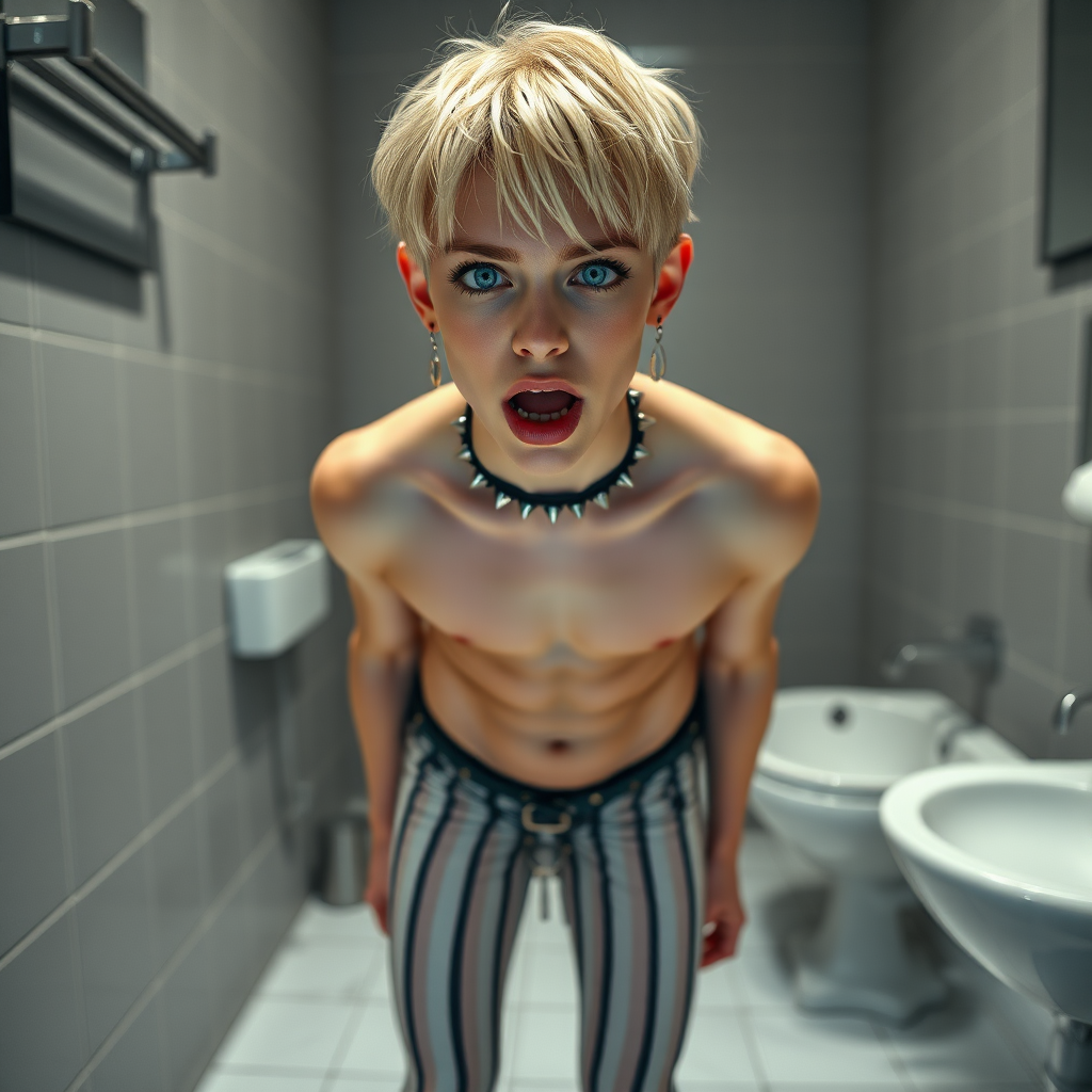 photorealistic, ultra high resolution, 16K, surreal fantasy, soft studio lighting, Caleb Swift is a pretty 16 year old goth male , slim male physique, blonde hair, blue eyes,  goth makeup,  earrings,  white & black vertically striped pantyhose, spikey neck collar with chain,  standing on the floor of the bathroom , excited mouth, bulging crotch, full body front view of Caleb facing the camera.