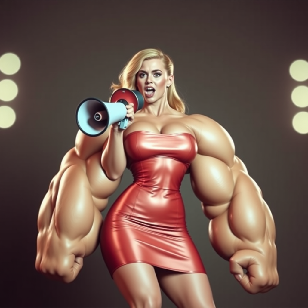 massive huge muscular jacked bodybuilder girl, strapless dress, speaking loud on megaphone