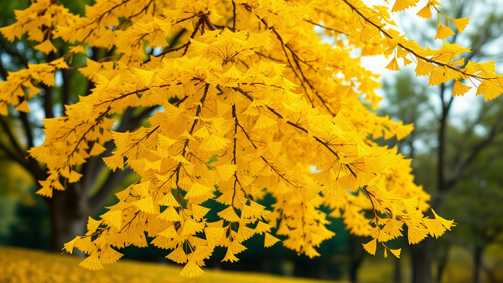 A yellow ginkgo tree that looks realistic, with the layout featuring fallen ginkgo leaves at the bottom and a background expressed in out-focusing.