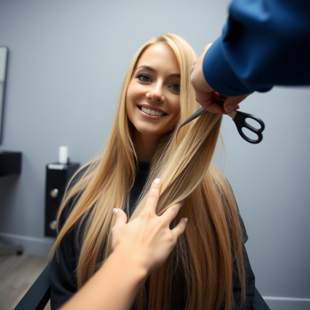 POV, beautiful very long haired blonde woman sitting in a hair salon smiling at the camera while I reach out from behind the camera to trim her very long hair. Plain gray background.