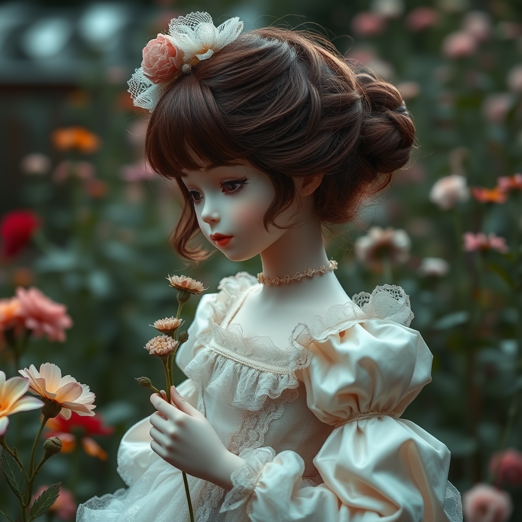 a young porcelain doll in the garden wearing a Victorian dress, smelling flowers, bjd, cinematic still, high quality photo, by victo ngai, by Masamune Shirow, by wadim kashin, by audery_kawasaki, by ismail inceoglu, by amy sol, outline, hyperrealism, by klimt, intricate environment, ultra-detailed cinematic shot, impressionistic, dynamic