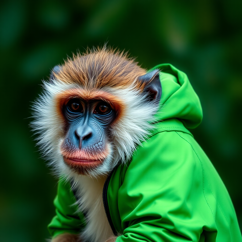 A monkey with a green jacket.