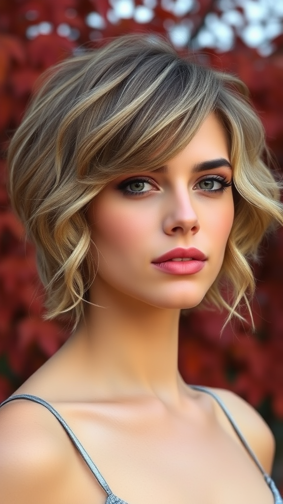 Sara Sampaio with short wavy hair, ash blonde color with highlights, against the background of autumn chestnut foliage, in high definition.