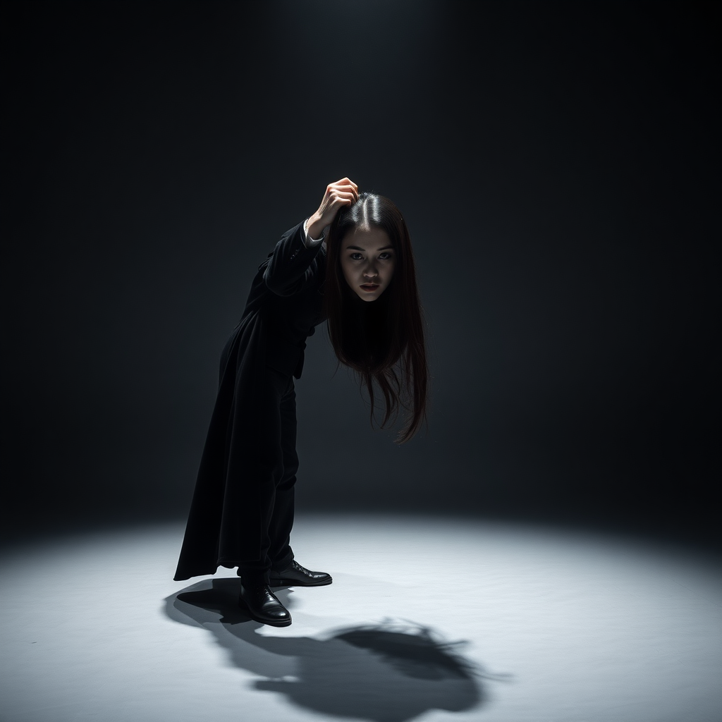 In a dimly lit performance space, the atmosphere is charged with an eerie tension as a magician dressed in a dramatic black velvet cloak executes a chilling illusion. The spotlight shines down, illuminating the stark gray backdrop that envelops the scene in a minimalist aesthetic. At the center, he reveals the severed head of a stunning female magic assistant, her long, flowing hair cascading like silken waves around her lifeless face. The contrast of her vibrant, raven-black locks against her ivory skin creates a haunting tableau.

He grips her hair with a commanding hand, raising her head to the camera with unsettling arrogance, his fingers entwined within the strands as though they are an extension of his own power. As he leans down to plant a lingering kiss on her lips, an air of macabre intimacy hangs heavy in the room, eliciting gasps from an unseen audience, their breath collectively held in awe and horror. The subtle rustle of fabric accompanies his movements, and the faint scent of the magician’s musky cologne permeates the air, mingling with a hint of intrigue.

Dark, dramatic shadows dance across the plain setting, heightening the surreal quality of the performance, as if time has momentarily frozen in this poignant, yet grotesque moment of magic and mastery. The silence is palpable, broken only by the soft thud of the magician’s heart echoing in his chest, a rhythm that underscores the uncanny artistry of his illusion.