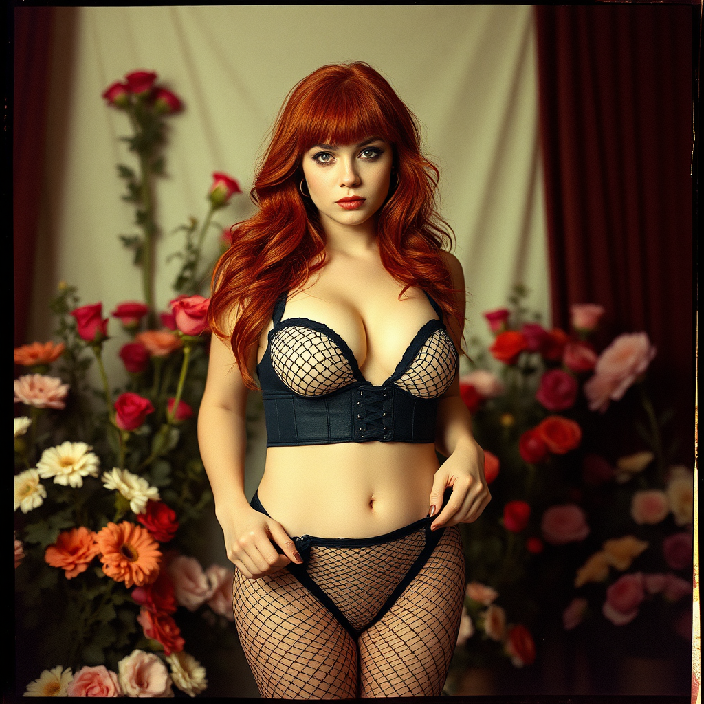 a scan of an old film photo with heavy dark vignetting and color ting and light leak and visible wear and cracking with visible lines from being folded depicting a sexy curvy alt goth girl with red hair wearing a cupless underbust corset and fishnet bra barely covering nipples and with tiny tight fishnet bikini gstring thong standing in a photography studio filled with flowers, with innocent look on her face, pulling the edge of her panties down slightly