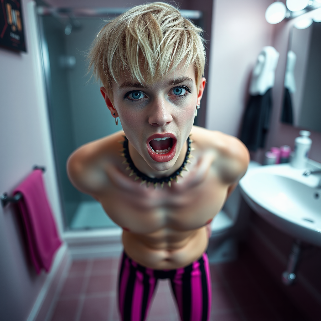 photorealistic, ultra high resolution, 16K, surreal fantasy, soft studio lighting, Caleb Swift is a pretty 16 year old goth male, slim male physique, blonde hair, blue eyes, goth makeup, earrings, pink & black vertically striped pantyhose, spikey neck collar with chain, standing on the floor of the bathroom, excited mouth, bulging crotch, full body front view of Caleb facing the camera.