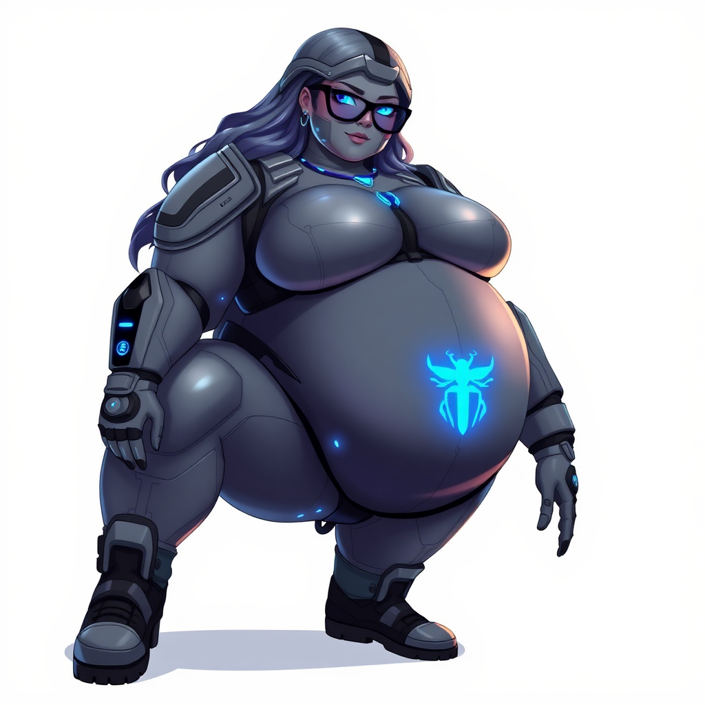 A 29-year-old computer science major, she is the devoted girlfriend of a vigilante and serves as his dotingly pampered, full-figured, nerdy digital sidekick. She is now a Computer Program hybrid, with a unique, metallic Middle Gray (N5) skin color that matches her suit and hair, making her resemble a computer program. Her long hair, suit, and skin are all Middle Gray (N5). Her neon blue eyes are mesmerizing. Her full figure, especially her prominently gargantuan round midsection, shows just how heavily fed and pampered she is, with sequoia-sized limbs and broad shoulders.

As a loyal and supportive sidekick, she plays a crucial role in their missions, using her digital prowess to assist and protect. She wears a blue sapphire scarab necklace and blue sapphire earrings, which she received as symbols of their love before his 5-year disappearance. Her digital and computerized biker suit, also Middle Gray (N5), covers her entire body and is adorned with a neon blue beetle emblem on its chest. The suit is equipped with high-tech features, including holographic displays and integrated hacking tools. She has matching high-tech gloves. She emits neon blue data cubes from her body, set against a solid white background.

Heavily, attentively, and immensely pampered through being well-fed since their reunion, her full figure clearly shows the extent of care she has received. Despite her digital enhancements, she retains her human vulnerabilities, including hunger and sleep, and is not immune to human weaknesses. She has the ability to hack into computers and machines, and her nerdiness is blatantly obvious with her black oversized eyeglasses. Her full figure, especially her gargantuan midsection, is prominently displayed and heavily emphasized. Her outfit, influenced by DC’s Jennifer Knight Phantom Lady, remains distinct.

Despite her boyfriend’s limited resources, she assists in the war on crime by serving as a minicomputer, traveling in a high-tech wristwatch and supercar’s computer system. Using her hacking abilities, she relays crucial knowledge related to missions. She bashfully smiles. She is drawn as if she was in a retro 2D cyberpunk fighting game.