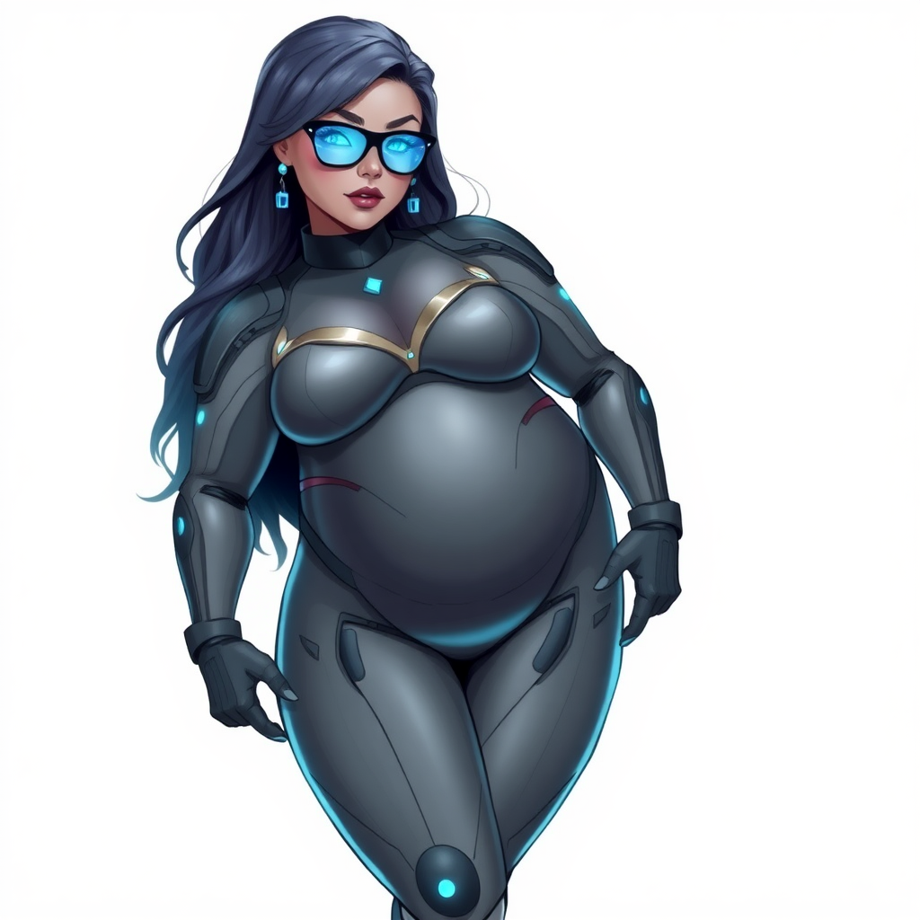 A 29-year-old computer science major, she is the devoted girlfriend of a vigilante and serves as his dotingly pampered, full-figured, nerdy, Middle Gray (N5) metallic skinned digital sidekick. She is now a Computer Program hybrid, with a unique, metallic Middle Gray (N5) skin color that blends with her suit and hair, appearing to merge together as computer data. Her long hair, suit, and skin are all the same metallic Middle Gray (N5) all blending together to appear to merge as computer data. Her neon blue eyes are mesmerizing. Her full figure, especially her prominent, round, large midsection, shows just how heavily fed and pampered she is, with sequoia-sized limbs and broad shoulders.

As a loyal and supportive sidekick, she plays a crucial role in their missions, using her digital prowess to assist and protect. She wears a blue sapphire scarab necklace and blue sapphire earrings, which she received as symbols of their love before his 5-year disappearance. Her digital and computerized bodysuit, also Middle Gray (N5), blends with her skin and hair (appearing to merge together like computer data). She is equipped with high-tech features, including holographic displays and integrated hacking tools. She has matching high-tech gloves. She emits neon blue data cubes from her body, set against a solid white background.

Heavily, attentively, and immensely pampered through being well-fed since their reunion, her full figure clearly shows the extent of care she has received. Despite her digital enhancements, she retains her human vulnerabilities, including hunger and sleep, and is not immune to human weaknesses. She has the ability to hack into computers and machines, and her nerdiness is blatantly obvious with her black oversized eyeglasses. Her full figure, especially her gargantuan midsection, is prominently displayed and heavily emphasized. Her outfit, influenced by DC’s Jennifer Knight Phantom Lady, remains distinct.

Despite her boyfriend’s limited resources, she assists in the war on crime by serving as a minicomputer, traveling in a high-tech wristwatch and supercar’s computer system. Using her hacking abilities, she relays crucial knowledge related to missions. She is drawn as if she was in a retro 2D cyberpunk fighting game.