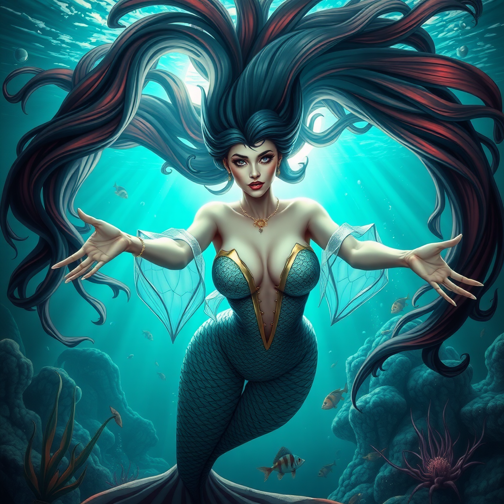 Vampirella as a mermaid underwater amazing loose flowing hair floating in a nimbus around her beautiful face her arms outstretched towards the viewer and she's looking down into the viewer's eyes making intense eye contact. loose fitting diaphanous. Burlesque. Stunning undersea life details plants and fish and other creatures of the sea. Powerful three dimensional graphic effects.