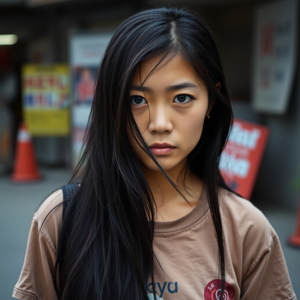 A very natural, sad and homeless Asian woman with a T-shirt and long, jet-black hair and very typical Asian eyes is ashamed to look me in the eye.