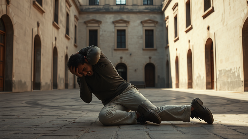 "Miguel collapsing to his knees in an open courtyard, his face contorted in anguish as ghostly voices scream for freedom and justice."