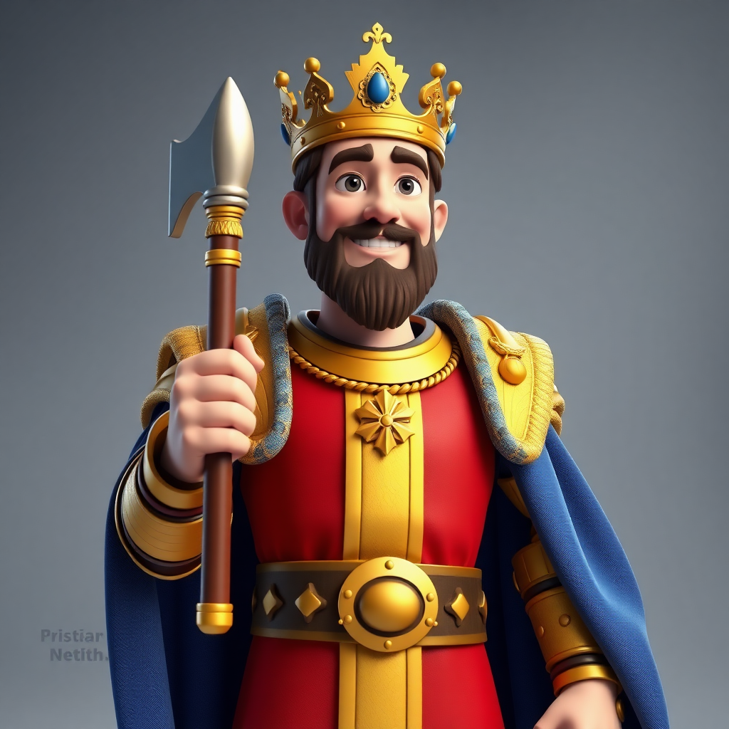 King holding a mace in his hand and not wearing any Crown on his head.  
3d Animation. Vibrant