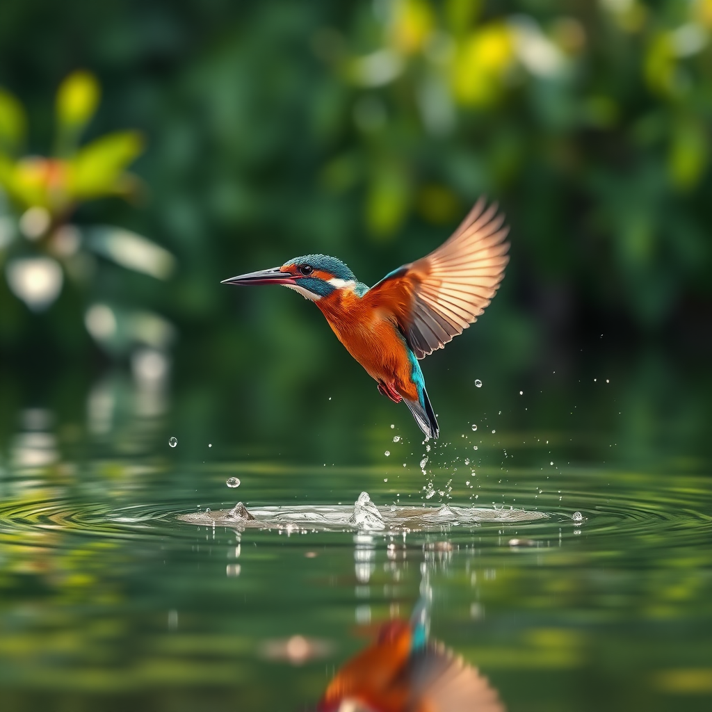 A vibrant kingfisher in mid-flight, captured against a blurred, lush green backdrop, creating a serene, natural atmosphere. The bird’s feathers display striking shades of turquoise and orange, glistening as water droplets scatter around it, emphasizing its motion. The scene conveys a hyperrealistic aesthetic, with sharp details highlighting the texture of the bird’s plumage and the rippling water surface. Soft reflections of surrounding greenery dance on the water, complementing the vivid colors of the kingfisher and adding depth to the composition. Gentle sunlight filters through, enhancing the warm tones and creating a tranquil setting.