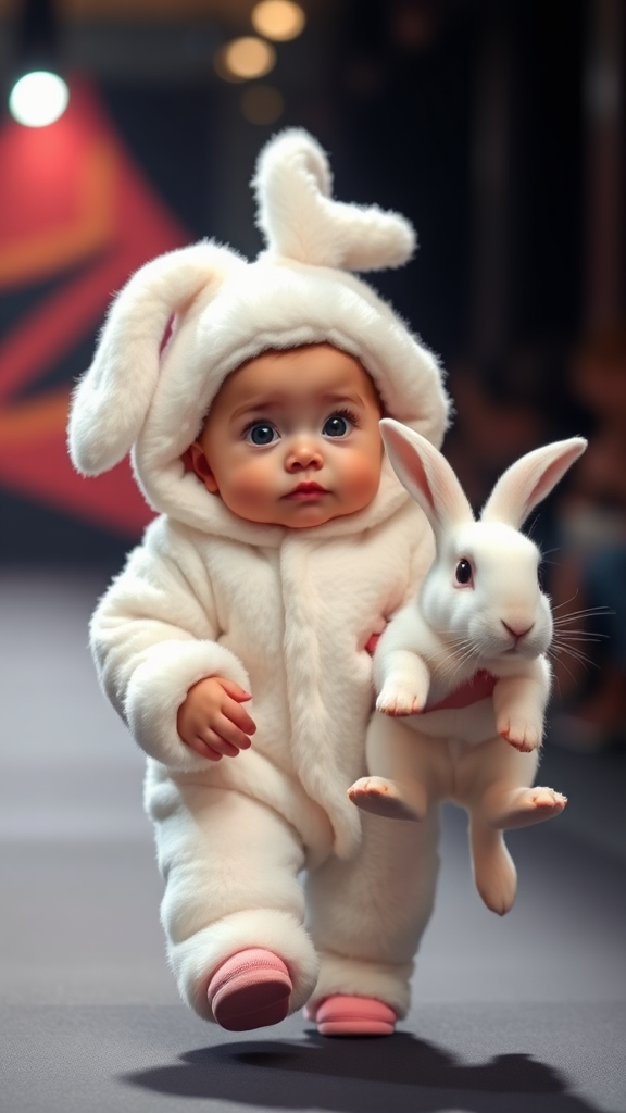 A cute small chubby fair baby with big eyes, pink lips, and pink cheeks wearing a furry cozy white rabbit costume doing a ramp walk in a fashion show, walking with a real big white rabbit held in hands, cinematic.