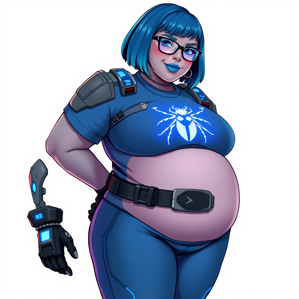 A 28-year-old, full-figured, Middle Gray skinned, computer program hybrid with a maximum blue bob cut. She has a clearly, non-athletic, full-figured build, highlighted by a prominent, round, large midsection (with heavy emphasis on her large belly). As the full-figured, nerdy, digital sidekick to her cyberpunk vigilante boyfriend, her metallic middle gray skin and maximum blue lipstick emphasize her digital nature. She wears a digital, computerized costume, consisting of a huge, tight-fitting, maximum blue t-shirt with a neon blue glowing chest icon of a beetle, hi-tech shoulder pads with neon blue glowing accents, a black hi-tech belt with a digital neon blue glowing buckle, digital maximum blue pants with neon blue accents, and black hi-tech gloves with neon blue glowing accents. Her bright blue eyes, black eyeglasses with neon blue glowing lenses with a built-in HUD, and shy smile with neon red blush accentuate her nerdiness. She stands bashfully with one hand behind her back and the other hand gently touching her cheek, her costume covering all her skin and emphasizing her full-figured physique (especially her belly). She is clearly non-athletic, with a heavy focus on her large belly. Despite her build, she radiates beauty. She has a slim face compared to her physique, accentuating her radiant beauty. She is on a solid white background. She is drawn as if she were in a retro 2D cyberpunk fighting game.