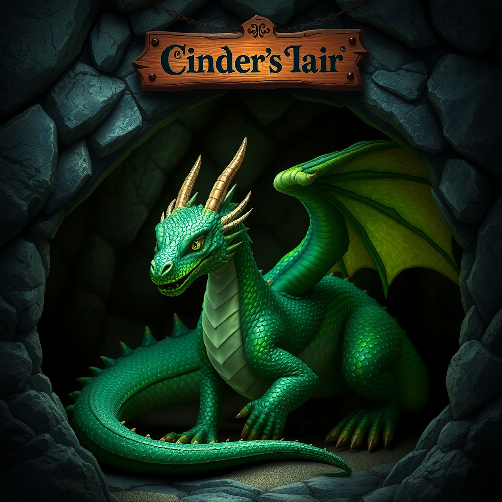 A photo realistic green dragon with sparkly scales in a dragon cave with a sign above it that says "Cinder's Lair"