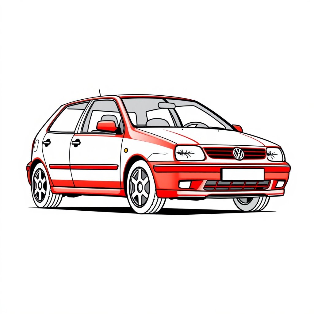 red vw polo III car, long establishing shot, 2D, caricature, cartoon, Sketch lines, coloring book, coloring book style on white background, well composed, clean coloring book page, No dither, no gradient, strong outline, No fill, No solids, vector illustration, realistic proportions, seen from the left side