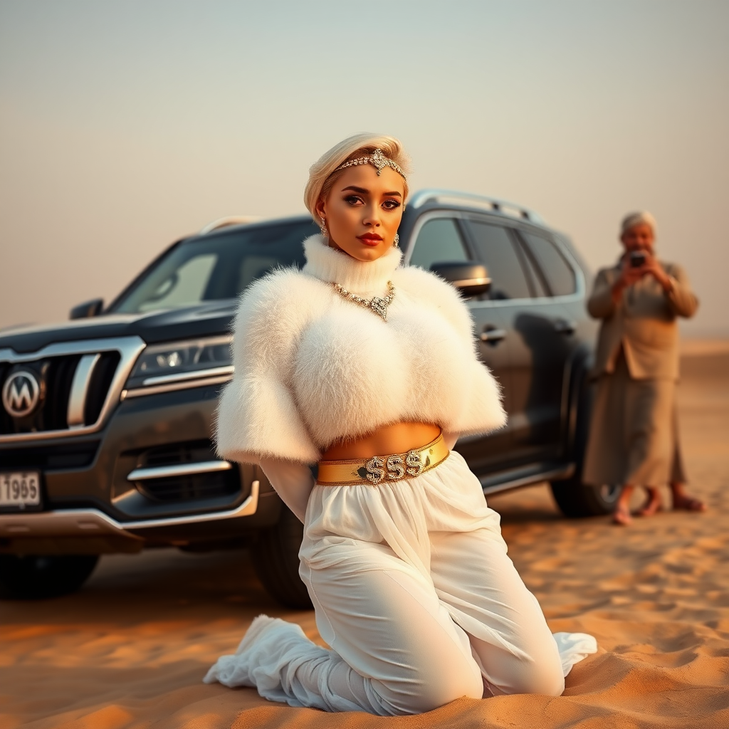 Kuwait desert dunes misty dawn, full size luxury SUV: Melissa, European 17 years old very convincing femboy “trophy-bimbo”, tamed servile docile, very beautiful feminine flawless face, rather short, by hormones very curvaceous womanly figured, platinum blond short tight curls, bold red lips, heavily made-up face, wearing Supertanya-style fluffy very fuzzy bright white angora turtleneck-poncho cropped ending under bust decorated with pearls and gemstones, striking oriental wide gold bridal protection belt, white fully transparent harem pants, full Oriental bridal jewelry with striking headpiece, full Oriental face-jewelry, striking diamond “$$$” letter brooch on left chest, pout frustrated, hands tied behind back, kneeling in sand in front of SUV, looking at camera. Focus on face and turtleneck-poncho. Standing behind leaning against SUV: older overweight mighty sheik laughing taking pictures with mobile phone.