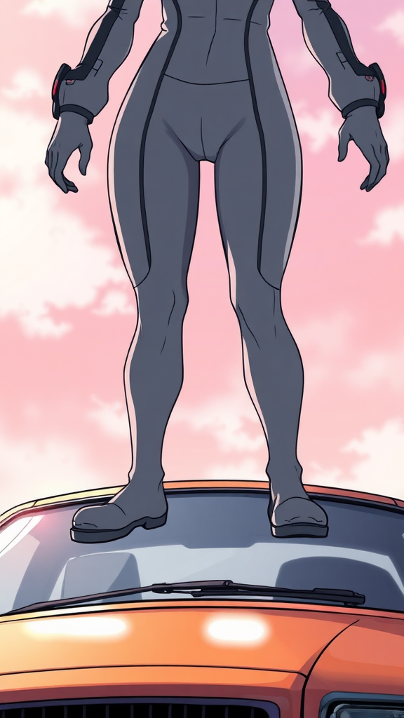 A anime drawing: A close up-cropped view one-piece tight-grey suit standing on top, legs split out on top of a car,