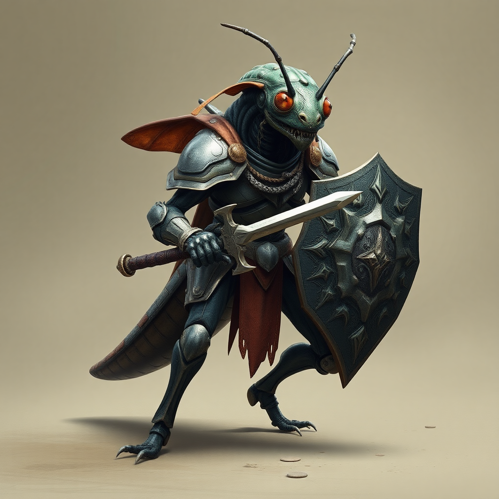 A bipedal insect alien, armoured, sword and shield, realistic