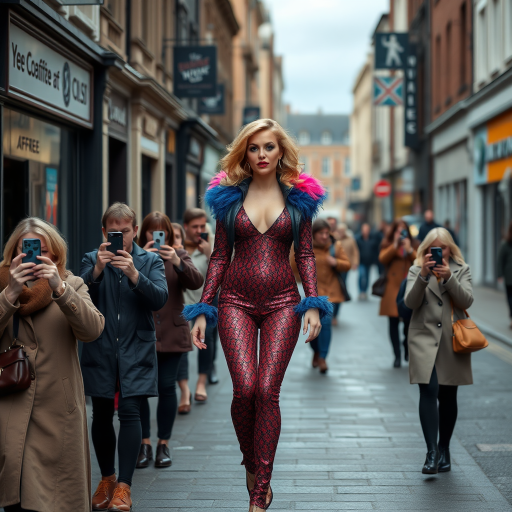 A Kylie Minogue lookalike who is about 5 foot tall walking down a dull and dreary high street - she is dressed in colorful glamorous stage clothes - everyone else is in dull colored clothes and taking photos using their mobile phones.