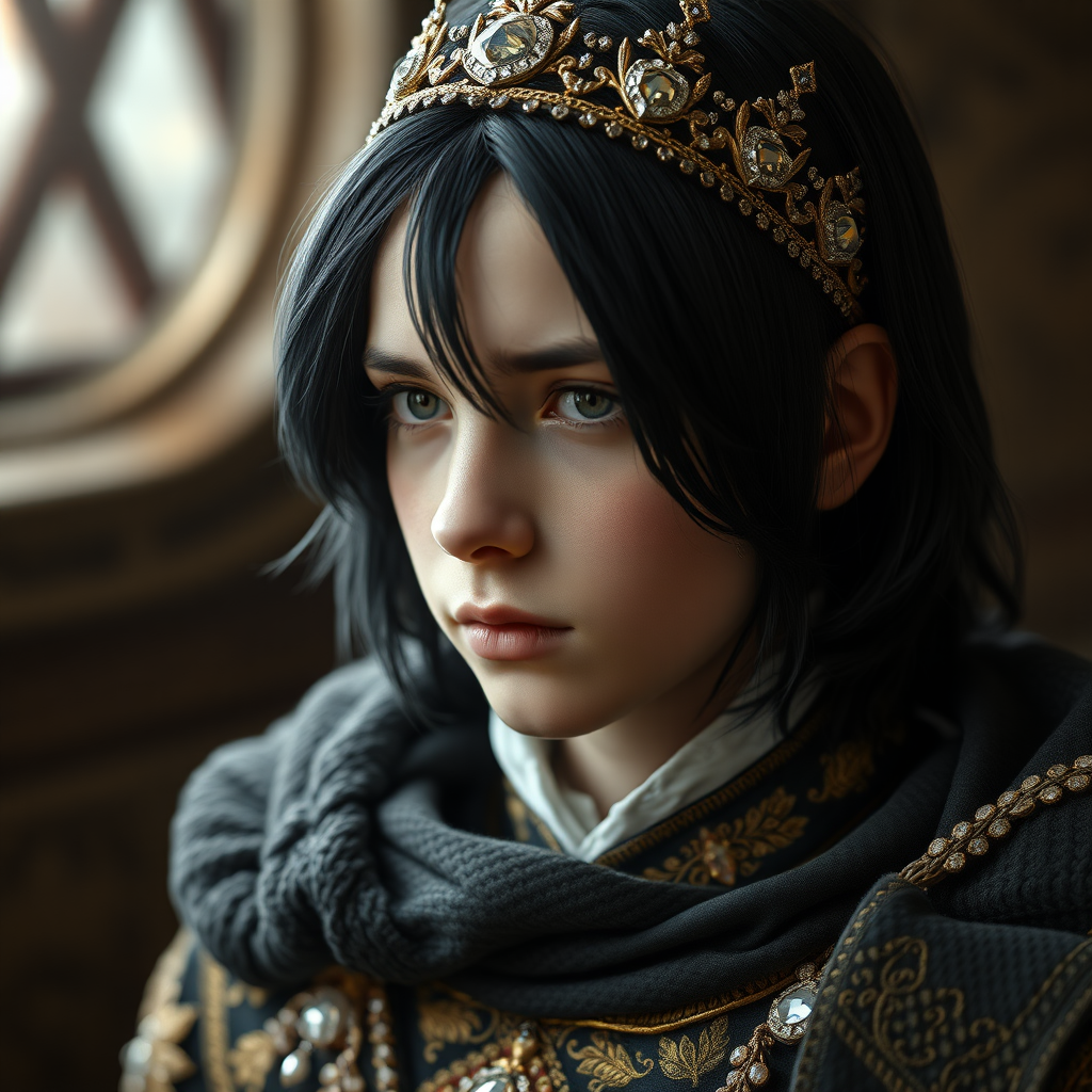 16yo teen boy prince, black hairs, long bob cut, embroidered with gold and diamonds medieval cloths, diamond diadem. photorealistic, ultra high resolution, 16K,