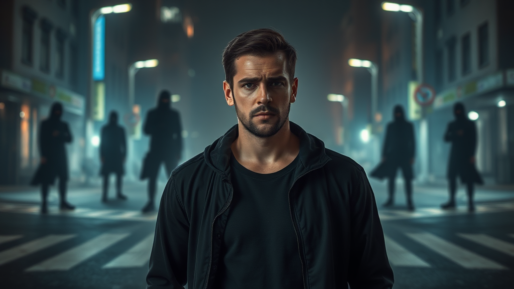 a person standing at a crossroads, looking conflicted and overwhelmed, shadowy figures in the background representing negative influences, dramatic lighting, high detail, emotional expression, photorealistic, concept art style, urban setting, cinematic composition, 4k resolution