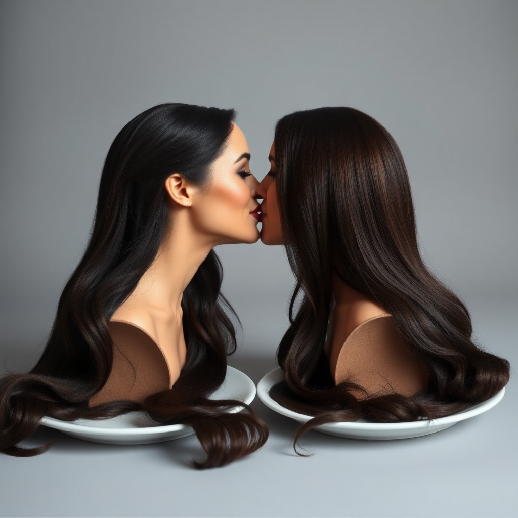 Surreal image of the disembodied heads of very long haired Meghan Markle and Kate Middleton served on plates. They are kissing each other.