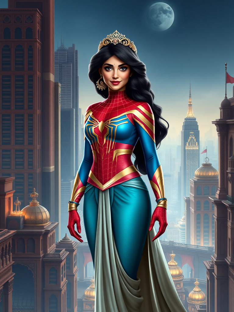 Generate a photorealistic full-length render of Princess Jasmine with Spider-Man's body type, maintaining her head and facial features. Adjust body structure and silhouette to match Spider-Man's athletic build and male physiology. Modify Jasmine's costume to fit her new physique. Set the background in a fantastical Arabian Nights-inspired cityscape with skyscrapers and Middle Eastern architecture, with subtle hints of Marvel's New York City in the distance.