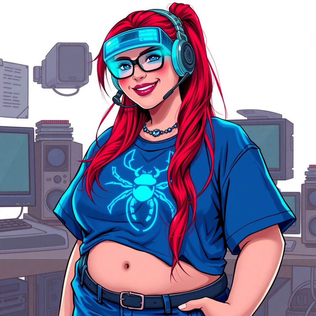 A cyberpunk vigilante’s full-figured intelligent and tech-savvy 29-year-old girlfriend, who is a computer hacker and tech genius. She has a long ruby red ponytail and bright blue eyes. She wears a sapphire beetle gemstone necklace, and an oversized maximum blue t-shirt featuring a giant neon blue glowing icon of a beetle on its chest. She has a full-figured physique with a prominently, gargantuan, well-rounded midsection, reflecting her well-cared-for lifestyle. The midsection is heavily emphasized. She sports a sapphire headset with hi-tech maximum turquoise lensed HUD visor, black eyeglasses, and a beaming smile with a passionate bright red blush. Despite her figure and a lack of self-esteem, she radiates an air of beauty. She has a slim face which contributes to her radiant beauty. She serves as his tech expert from his hideout, dutifully working at her workshop with a computer desk and tool bench. The background is solid white. She is drawn as if she was in a retro 2D cyberpunk fighting game. Ensure her shirt covers her well-rounded midsection.