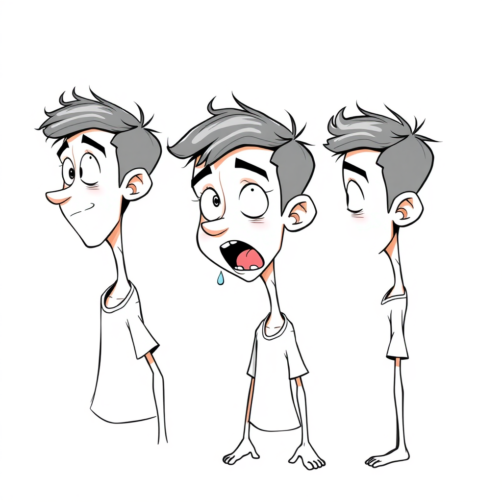 multiple views with progression, character design sheet, short, shy, amazed, open mouth, 15 year old european skinny boy, drooling, detailed features, long establishing shot, 2D, caricature, cartoon, Sketch lines, coloring book, coloring book style on white background, well composed, clean coloring book page, No dither, no gradient, strong outline, No fill, No solids, vector illustration, side view, vector illustration, empty space around each view, movement lines