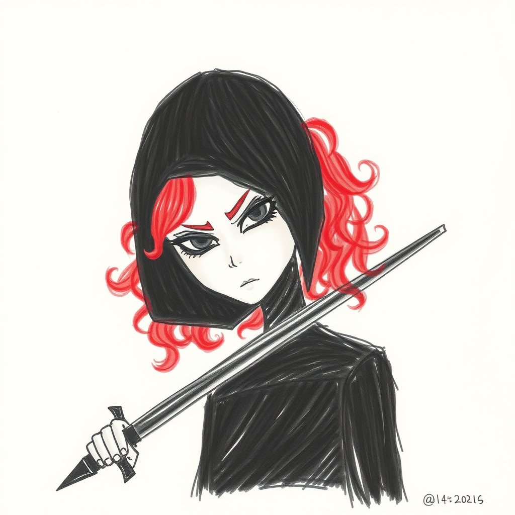 A terrible picture drawn by a child with crayons: a beautiful assassin in all black, with curly red hair.