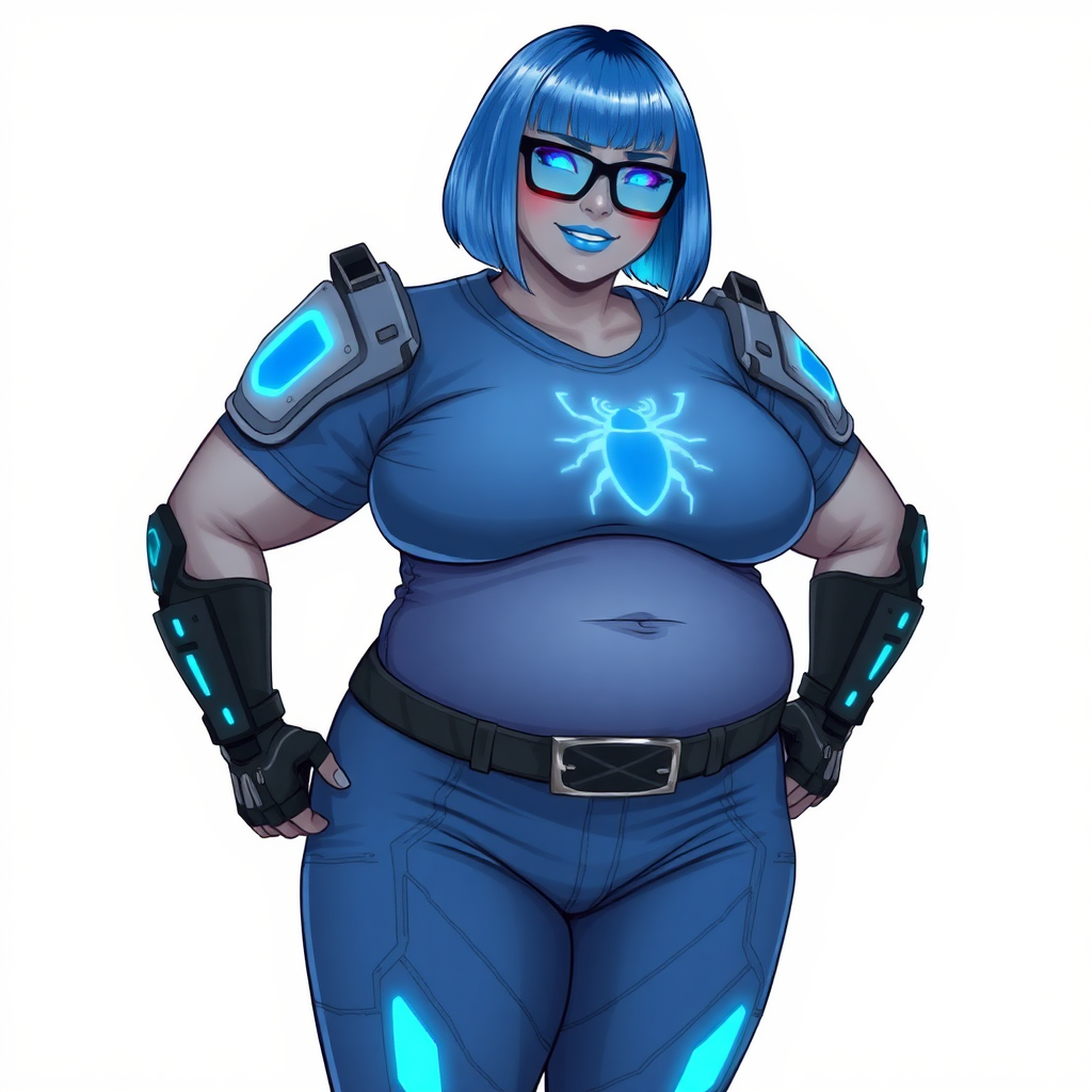 A 28-year-old, full-figured, middle gray skinned computer program hybrid with a maximum blue bob cut. She has a non-athletic build, highlighted by a prominent, round, large midsection (with emphasis on her belly), which shows the aftermath of her pampering. As the heavily pampered digital sidekick to her cyberpunk vigilante boyfriend, her middle gray metallic skin and maximum blue lipstick emphasize her digital nature. She wears a digital, computerized costume consisting of a huge, tight-fitting, maximum blue t-shirt with a neon blue glowing chest icon of a beetle, hi-tech shoulder pads with neon blue accents, a black hi-tech belt with a digital neon blue glowing buckle, digital maximum blue biker pants with neon blue accents, and black hi-tech fingerless biker gloves with neon blue glowing accents. Her neon blue glowing eyes, black eyeglasses with a neon blue glowing HUD built in its lenses, and shy smile with neon red blush accentuate her nerdiness. She stands bashfully with her hands behind her back, her costume covering all her skin and emphasizing her full-figured physique (especially her belly). She is clearly non-athletic, with a focus on her full-figured physique. Despite her build, she radiates beauty. She has a slim face compared to her physique, accentuating her radiant beauty. She is on a solid white background. She is drawn as if she was in a retro 2D cyberpunk fighting game.