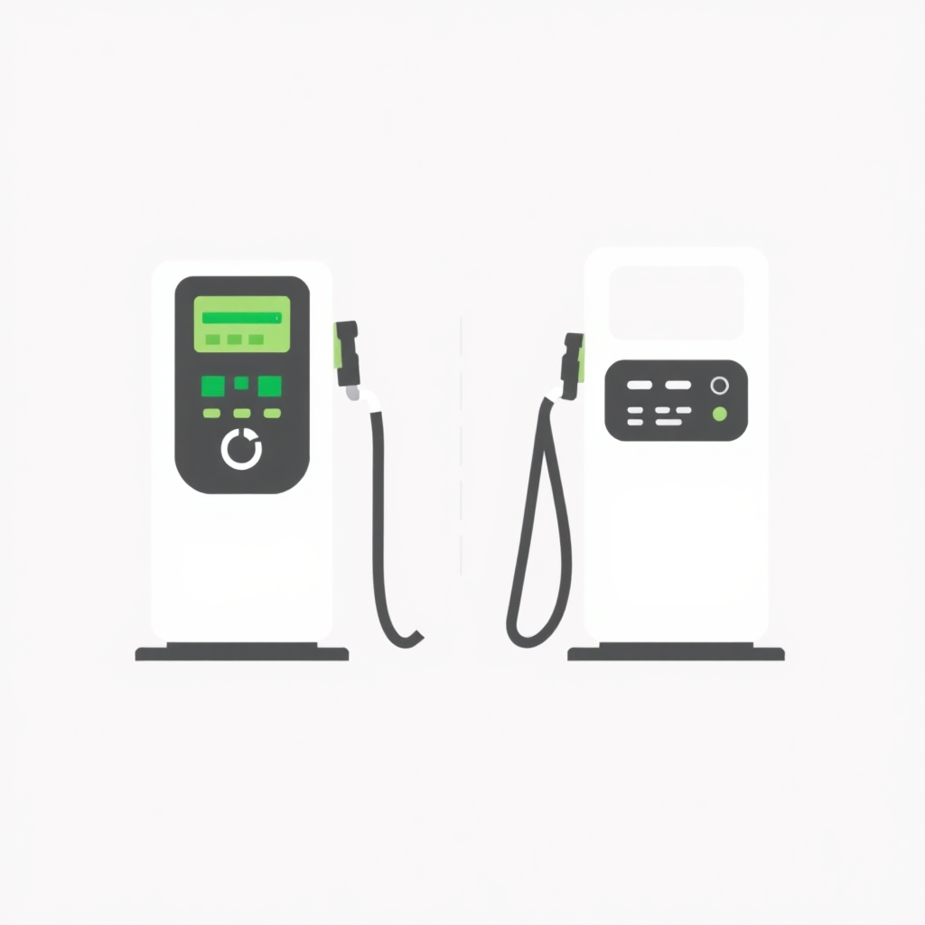 A simple illustration of a combined EV charger and gas pump device. The EV charger is on the left side of the image, and the gas pump is on the right side, with a visible border separating the two components in the middle. The overall design should have a clean, minimalist aesthetic.