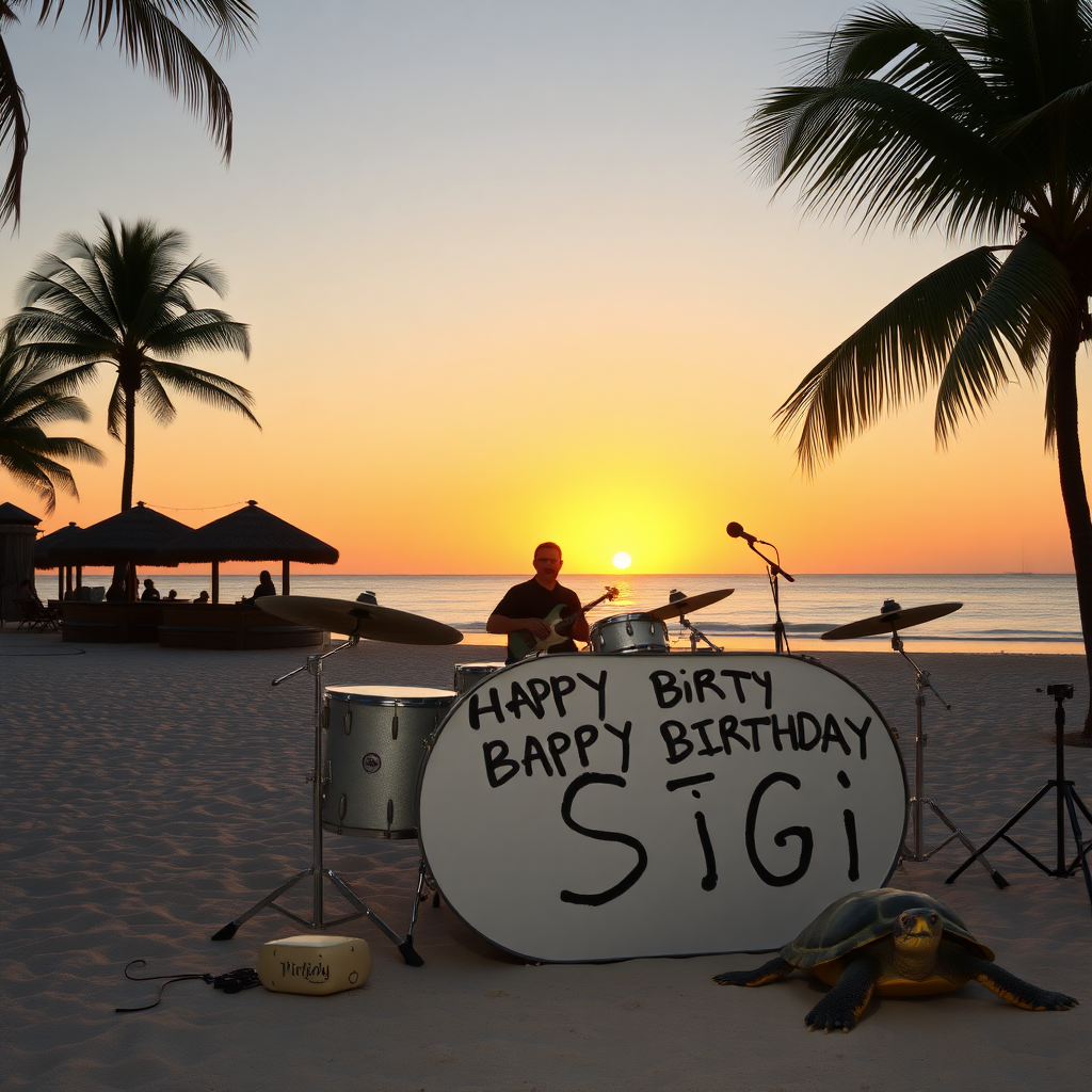 Drumset on beach with Palms and bar, white bassdrum spelling the words "Happy Birthday Sigi" sunset, turtle