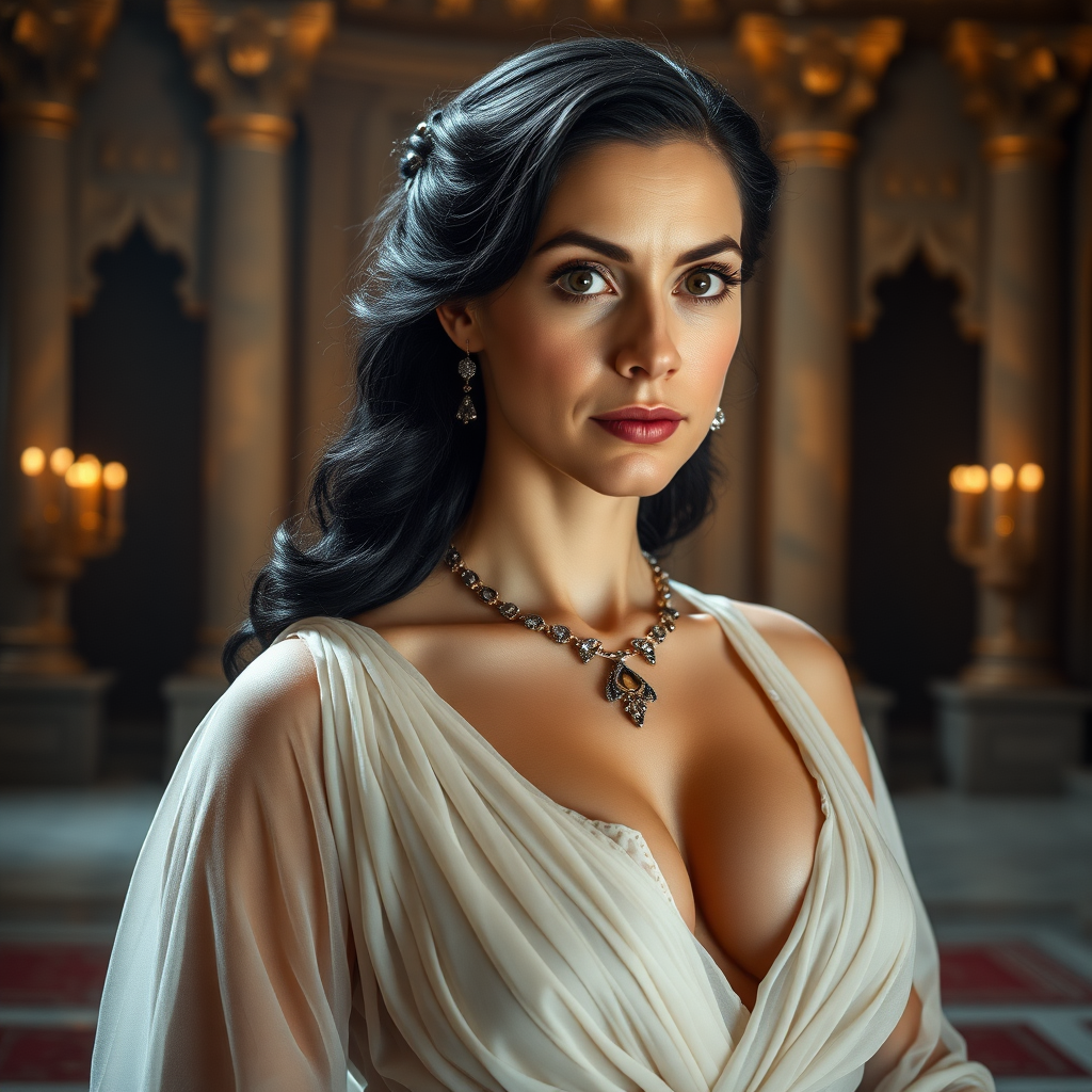 The female queen, aged 40, possesses pale skin, striking grey eyes, and elegantly black Grecian hair. Her visage features smooth wrinkles, suggesting a mature yet alluring beauty. Her eyes exude a sensual aura, and her lips are slightly parted, inviting curiosity. Dressed in a translucent, white, very low-cut Roman garment, she flaunts a voluptuous bosom with pronounced areola and nipple clearly visible beneath the fabric. Adorned with sparkling earrings and a necklace, her figure is reminiscent of a MILF, exuding a captivating appeal. The grandeur of her surroundings is a majestic castle, illuminated by the dramatic, cinematic lighting of a movie set. Each element is captured with ultra-detailed 8k photography, emphasizing the opulence and intensity of the scene.