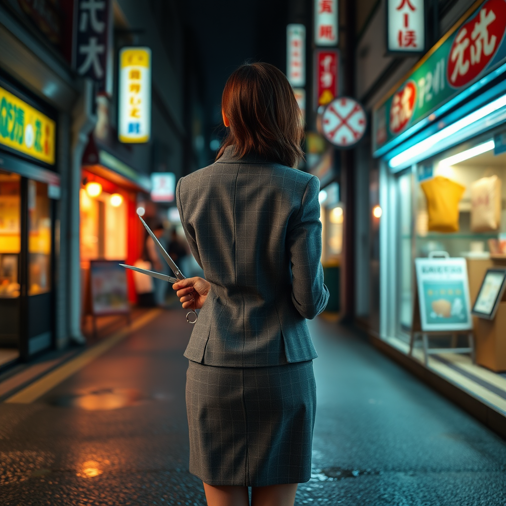 the back of a young Japanese businesswoman. She wears a grey blazer and a grey skirt and faces the camera. She holds a pair of long scissors in one hand. The lights from the shops in the alleyway glint off of the scissors. The lights from the shops in the alleyway are reflected in the rain puddles scattered on the asphalt of the ground. It is late at night.