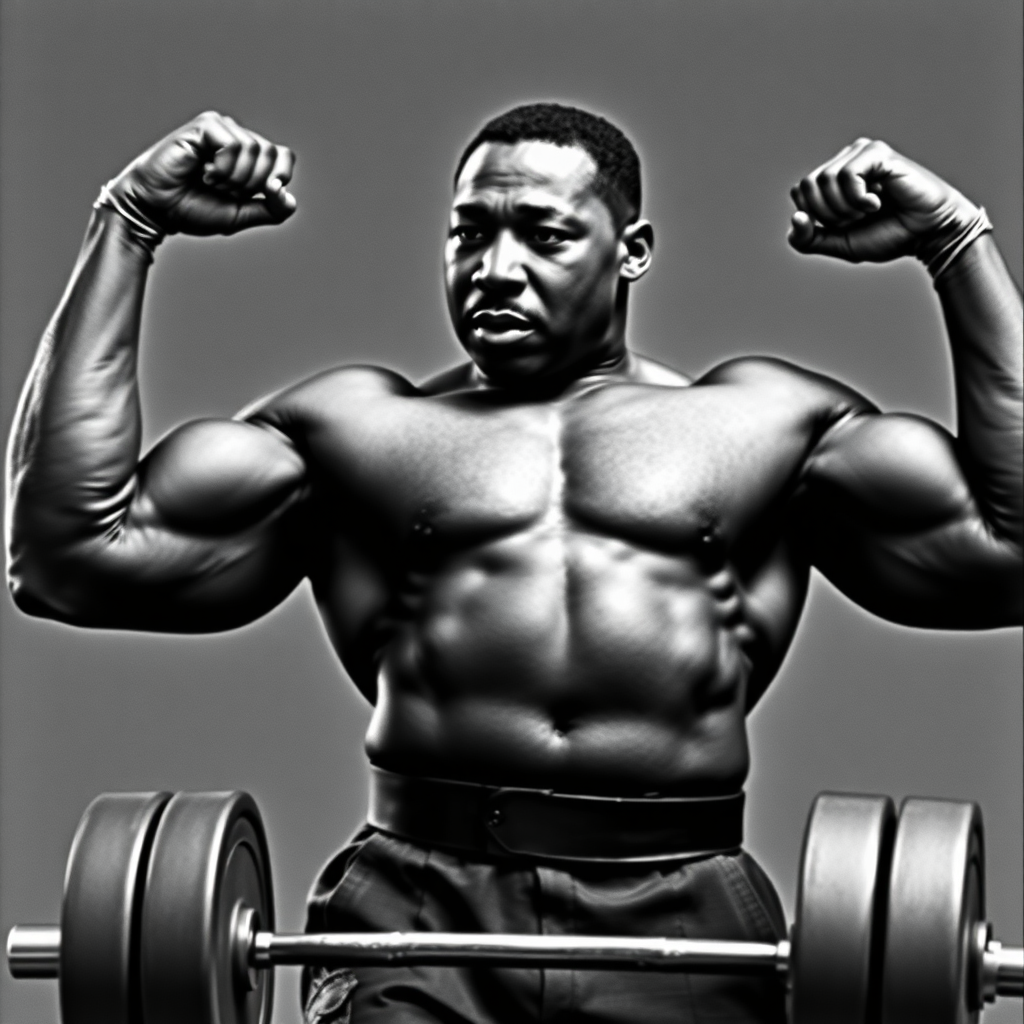 extremely muscular Martin Luther King after abusing steroids, flexing and lifting huge weights