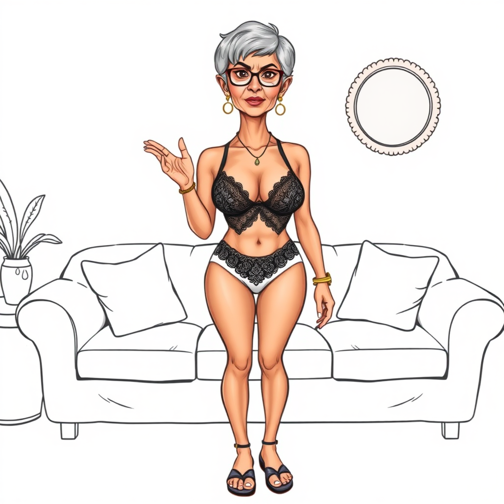 a towering 55 Years old, fit, slim, European, Latina, sharp aquiline nose, wrinkles, high cheekbones, Middle Eastern, Skinny, Tanned skin, Dark light skin, Rounded Medium breasts, Skinny thighs, full Makeup, jewelry, Serious face, Sharp nose, Ash hair, short bowl haircut, Brown eye color, Glasses, with detailed features. she is wearing embroidered black mesh balconette bras and a tight white high cut 1980s mesh cut out swimsuit, detailed fabric.  full body, high heels sandals, she is hand gesturing at the viewer to join her on a couch, sweating, 
long establishing shot, 2D, caricature, cartoon, Sketch lines, coloring book, coloring book style on white background, well composed, clean coloring book page, No dither, no gradient, strong outline, No fill, No solids, vector illustration, realistic proportions