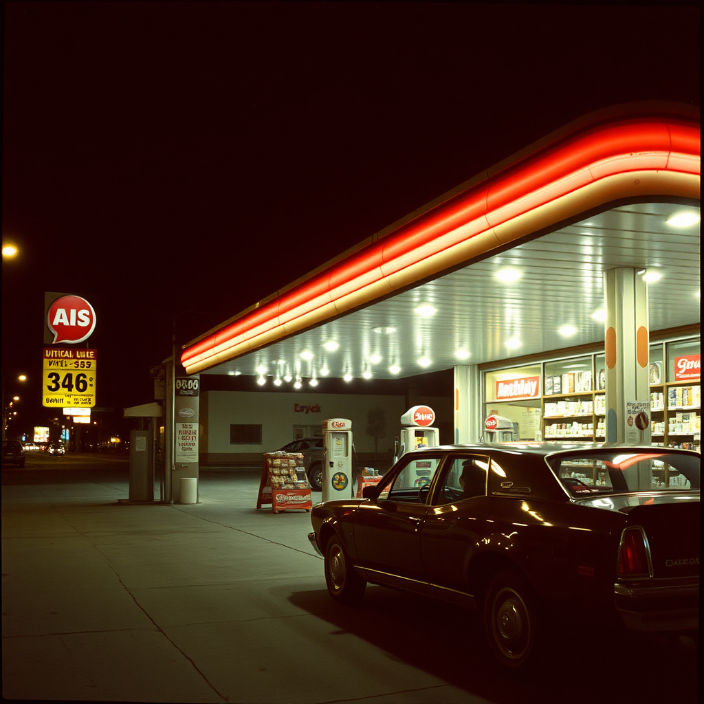 highly detailed Kodachrome color real photograph from 1974 of And the lamb lies down on Broadway Nighttime's flyers feel their pains
Drugstore takes down the chains
Metal motion comes in bursts
But the gas station can quench that thirst
Suspension cracked on unmade road