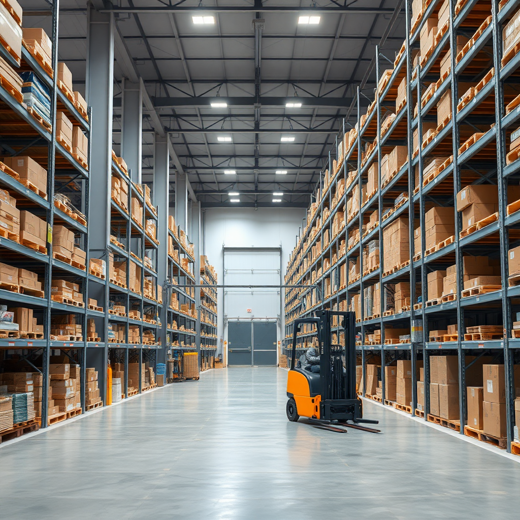 Create a high-resolution photo of a modern warehouse interior. The scene should include tall shelves filled with various boxes and products, a spacious layout with concrete pathways, and bright overhead lighting. Include a forklift without an operator and a partially open gate in the distance. The overall atmosphere should convey efficiency and organization, with a clean and professional look.