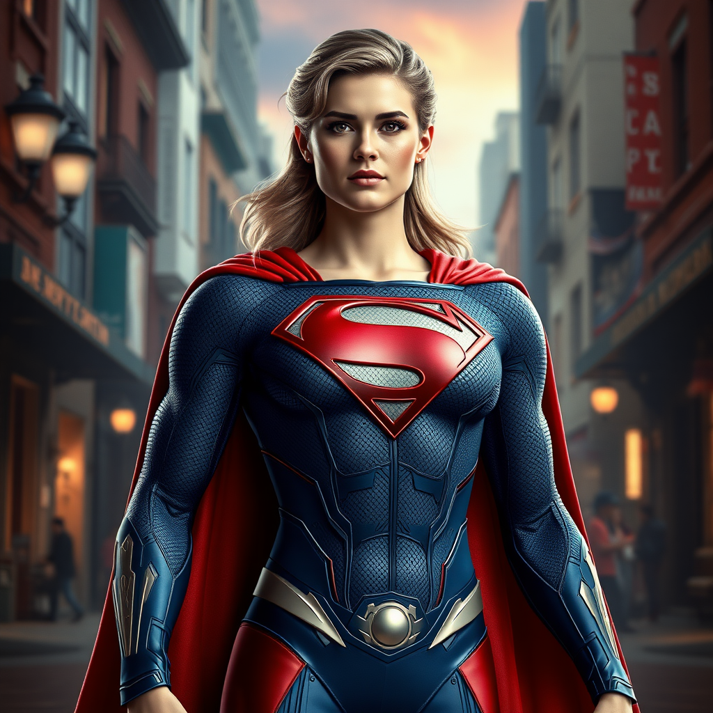 Create a full-length photo-realistic render of Superman, possessing the female figure of Marie Rose. Maintain Superman's head, hairstyle, and facial features. Retain Superman's costume, altering it to fit the new figure. Set the background in a hybrid setting inspired by both characters' worlds.