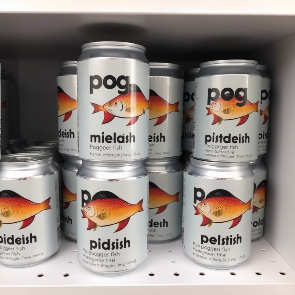 a small shelf with cans that have an image of fish on the label and text saying "pog fish poggers fish"