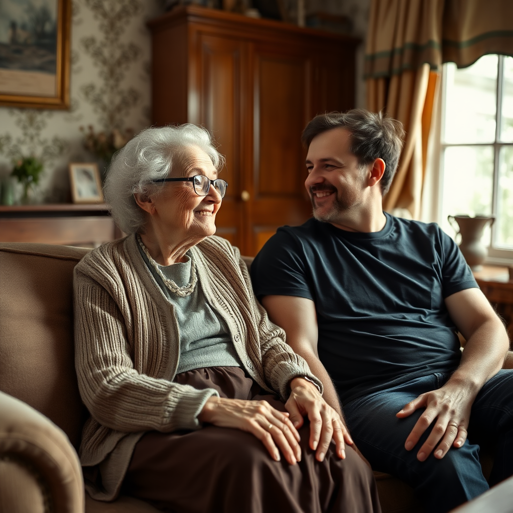 In a scene viewed from an angle and slightly above: In an old-fashioned English living room, a very frail, small and thin, very old and elderly English lady with an ugly face, kind smile, short, thinning white curly hair, wrinkled face, neck and skin, wearing thin framed glasses, an old cardigan, blouse and long skirt is sitting on a sofa with an English man about 40 years old, grey stubble on his chin, brown hair, sitting close next to her on the same sofa, wearing a black T-shirt and dark blue jeans. The man and woman are smiling at each other. The woman is looking at the man's eyes and smiling. The man is looking at the woman's eyes and smiling.