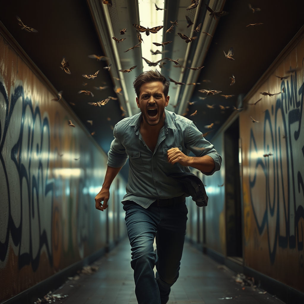 The image shows a tired handsome wild man running and screaming in Polish subway with graffiti on the walls on either side. He is wearing a shirt and jeans. There are hundreds of moths flying in the air and lights illuminating the scene. Dark Cinematic style, he is in the dark, light is behind him, very natural skin.