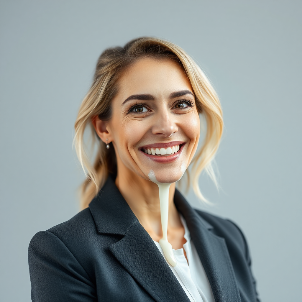 mature attractive business woman with 50 ml of white almost translucent slime dripping down her face, she looks happy and smiling