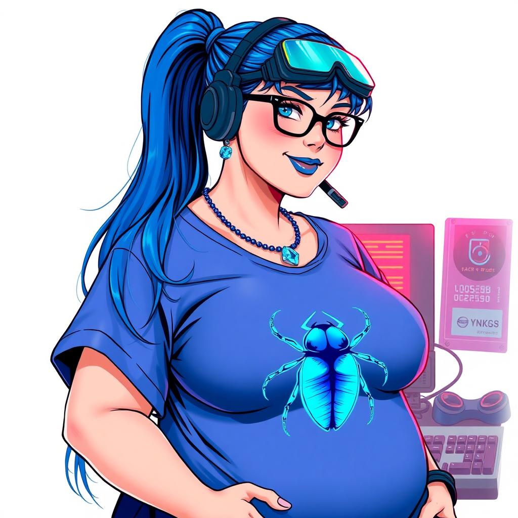 A cyberpunk vigilante’s full-figured intelligent and tech-savvy 28-year-old girlfriend, who is a computer hacker and tech genius. She has a long maximum blue ponytail. She wears maximum blue lipstick, bright blue eyes, a sapphire beetle gemstone necklace, sapphire earrings, black eyeglasses, and an oversized maximum blue t-shirt featuring a blue sapphire gemstone crusted chest icon of a beetle. She has a full-figured physique with a prominent, massive, round belly, reflecting her well-cared-for lifestyle. She sports a sapphire headset with a hi-tech maximum turquoise lensed HUD, and a shy smile with a neon red blush. She serves as his tech expert from his hideout, diligently working at her workbench and computer desk. The background is solid white. She is drawn as if she was in a retro 2D cyberpunk fighting game. Ensure her maximum blue t-shirt covers her belly.