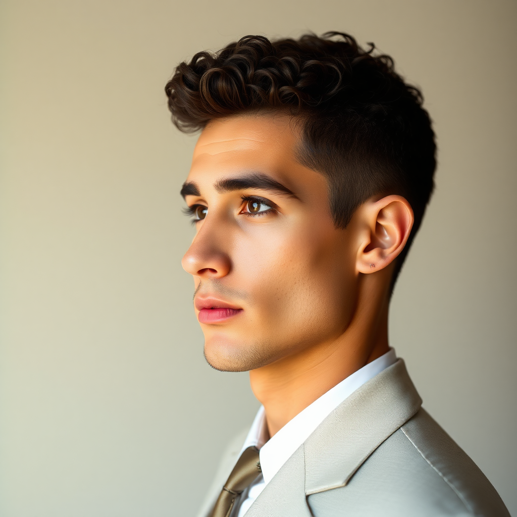 Tall male model in profile, dressed in a light elegant suit, patent leather shoes, very short fine curly hair, oval face, small nose, brown eyes, thin lips, normal attached ears, slight double chin, Mediterranean complexion, very thin eyebrows.