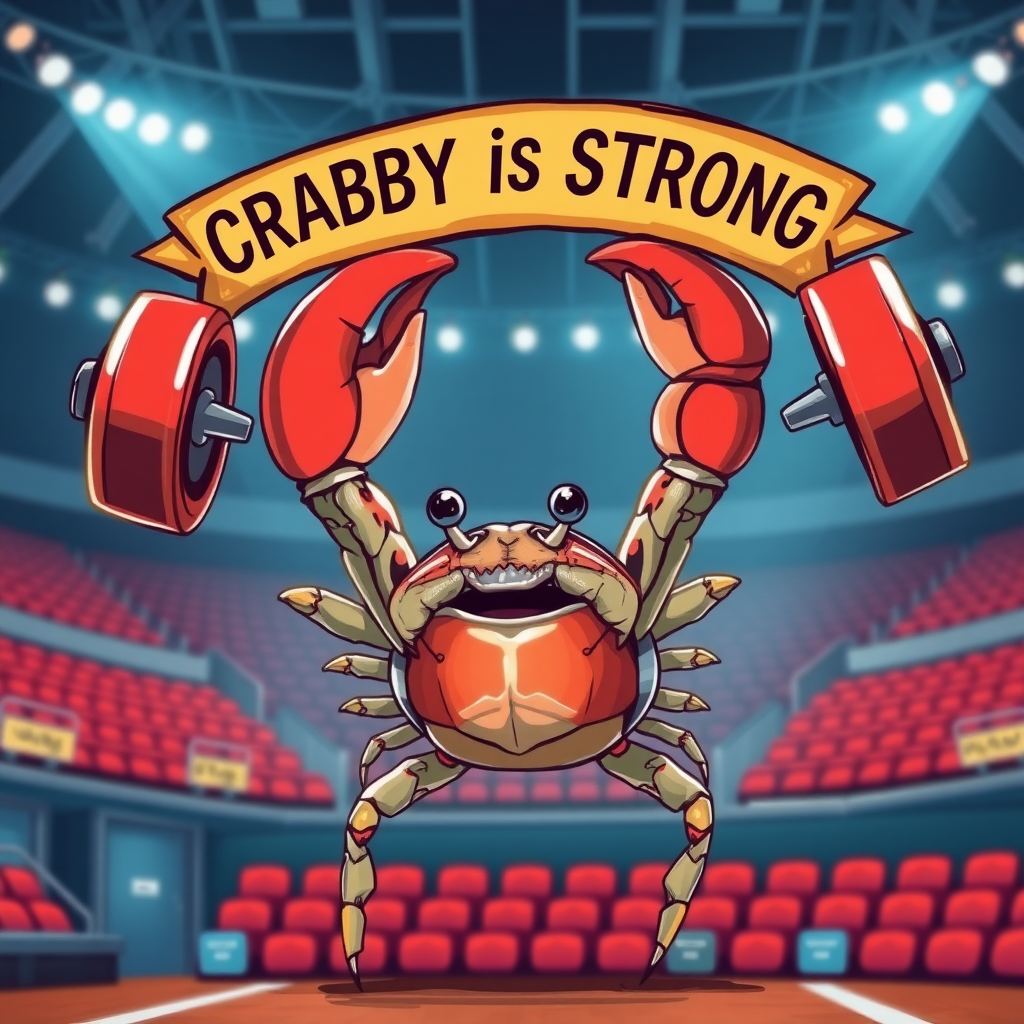 A crab lifting weights over his head with his claws in a sport arena with a banner overhead that says "Crabby is Strong"